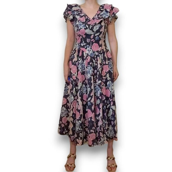 Vintage Floral Laura Ashley Ruffle Midi Dress - Picture 2 of 12